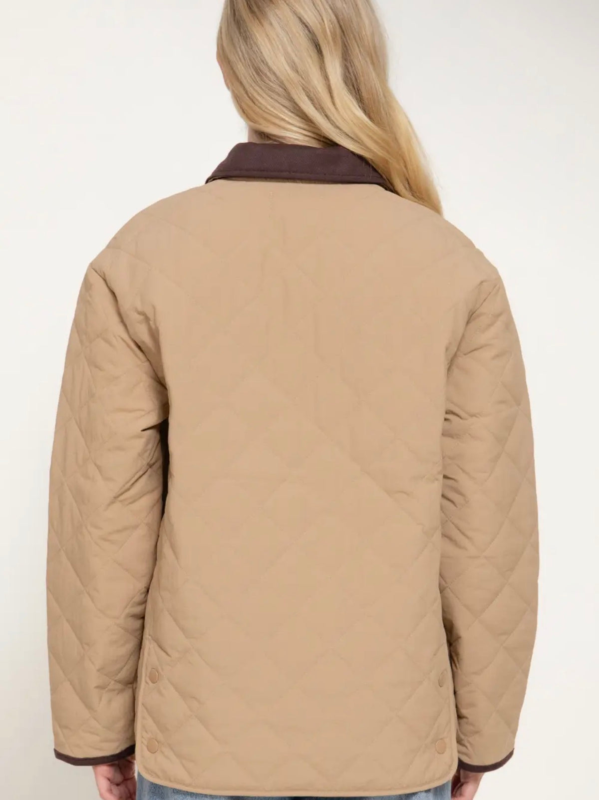 Tan quilted puffer jacket, back view with brown collar