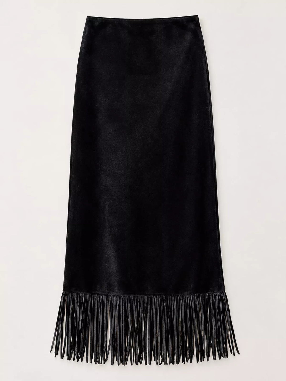 Black midi skirt with a high waist and long fringe, shown flat