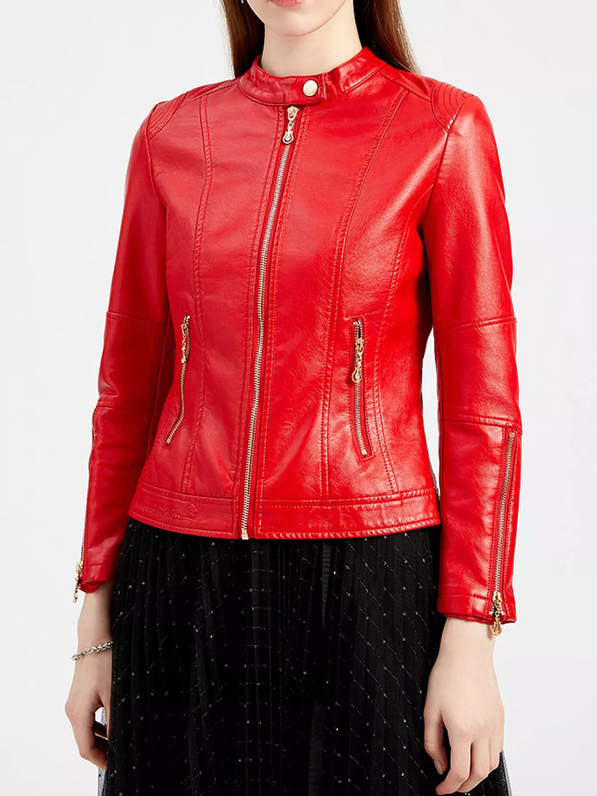 Red faux leather moto jacket with zip front and zip side pockets
