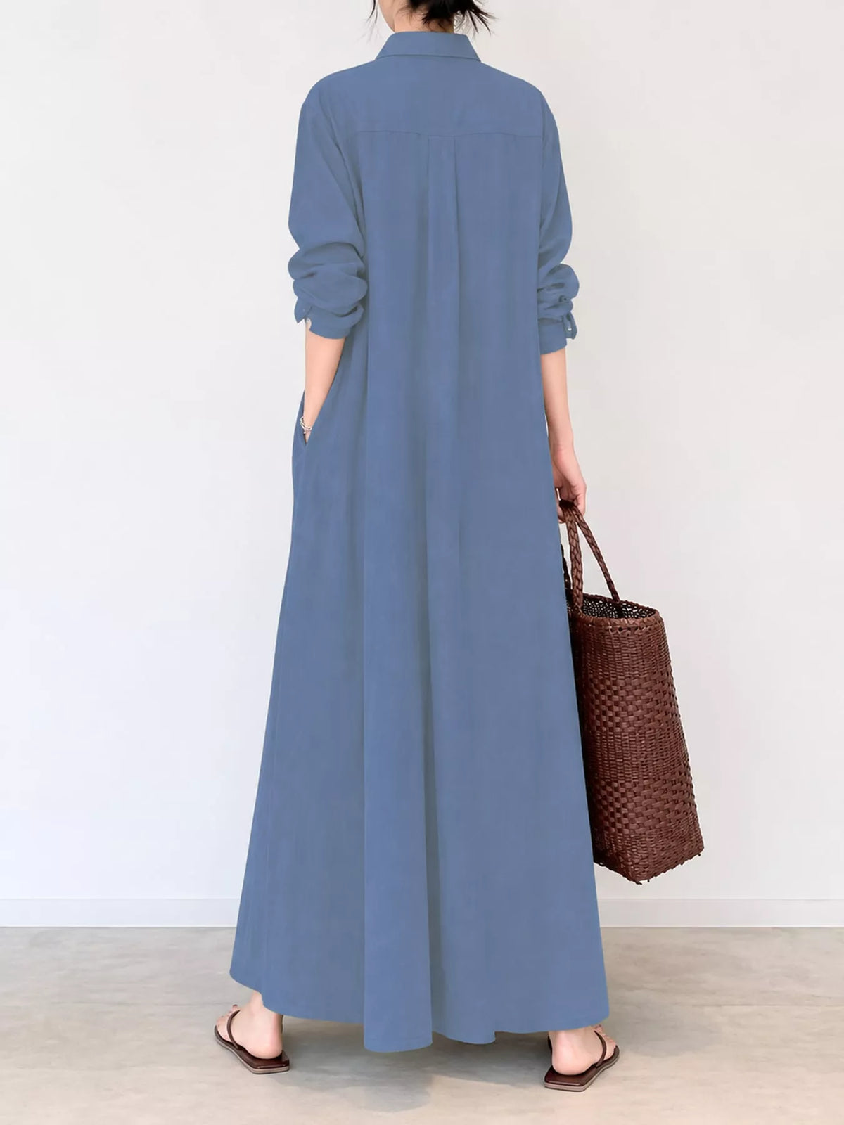 Light blue button-front long sleeve maxi shirt dress, back view