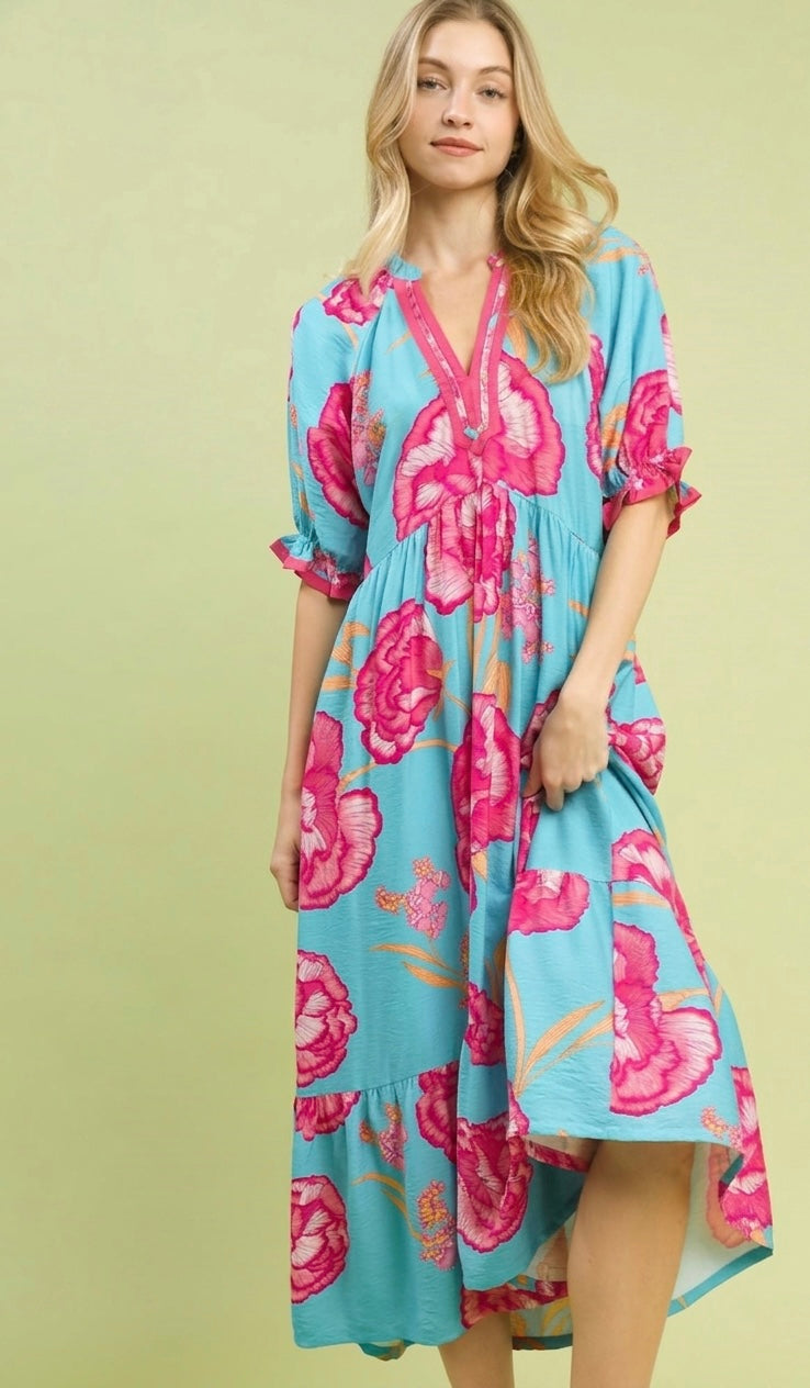 Umgee Floral Print Midi Dress with Contrast Trim