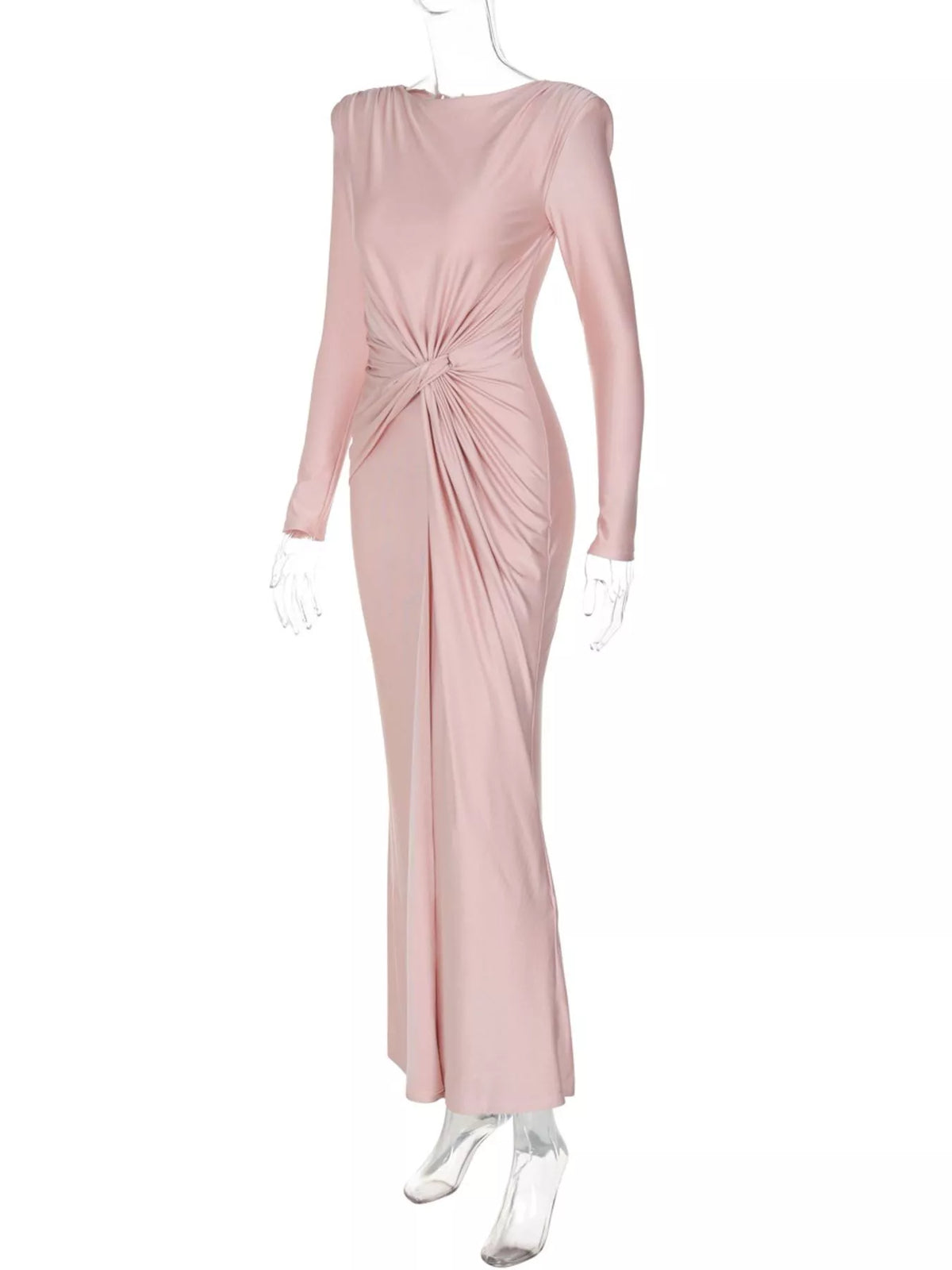 Pink twisted long-sleeve maxi dress with front twist and gathered seams, full length