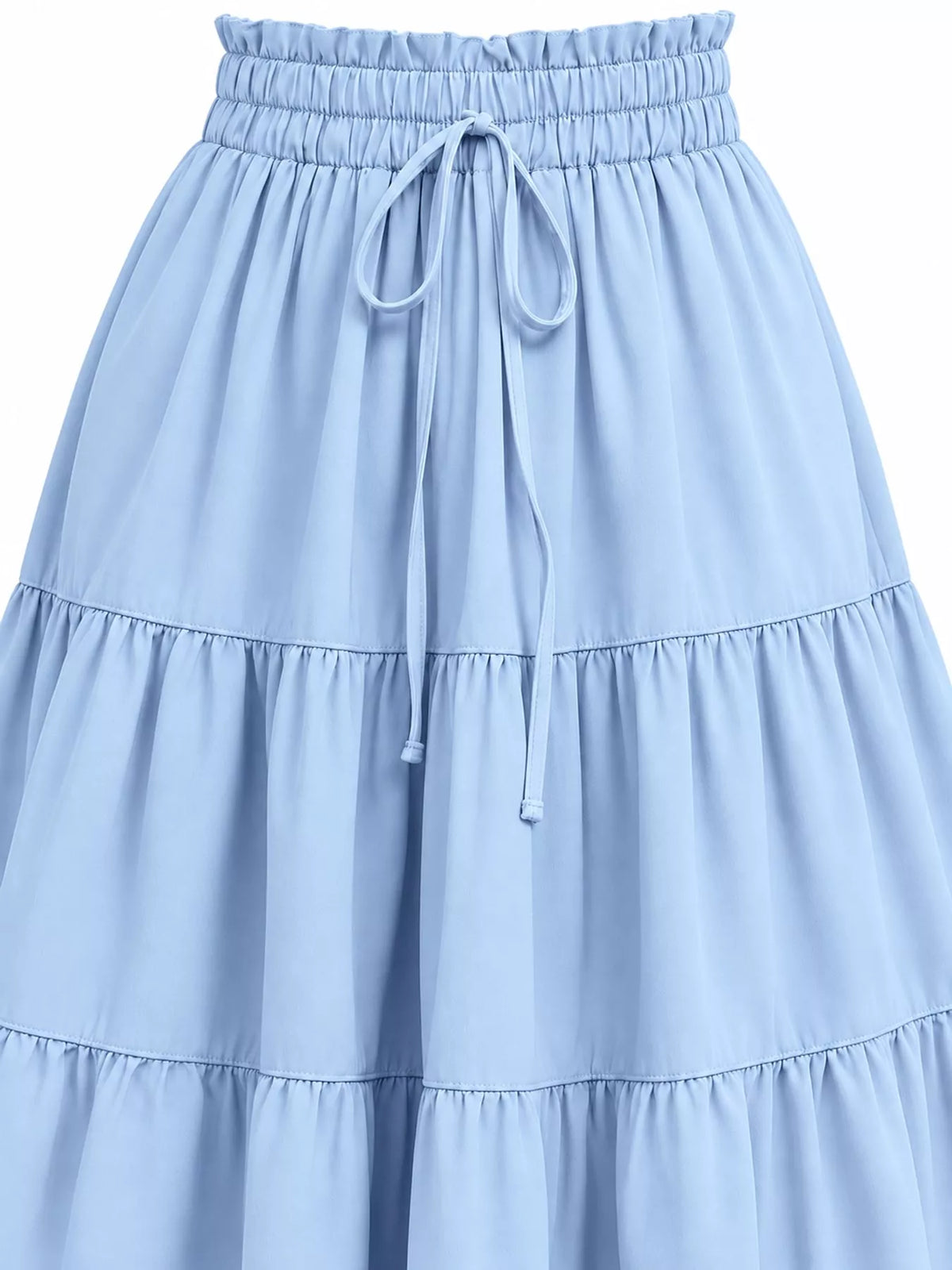 Close-up of sky blue tiered midi skirt waist with elastic band and hanging drawstring.