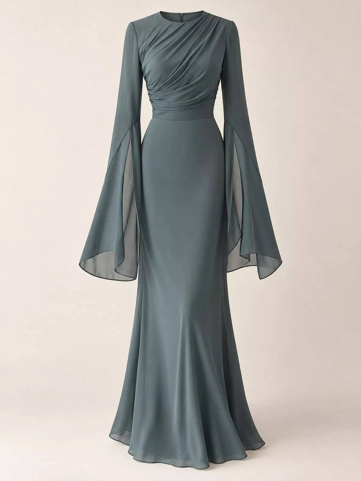 Dark gray maxi dress with a flared hem, ruched bodice and sheer sleeves