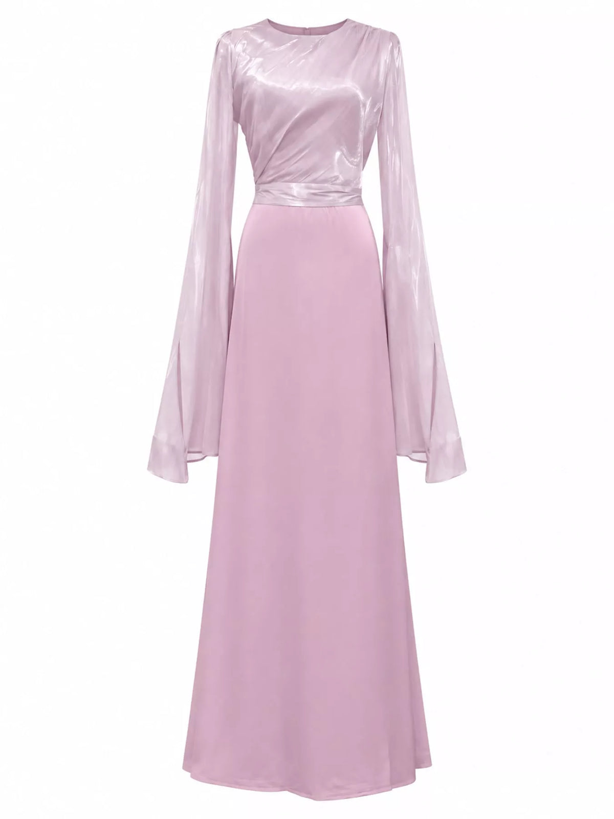 Pale pink maxi dress with a draped bodice and long sheer flared sleeves