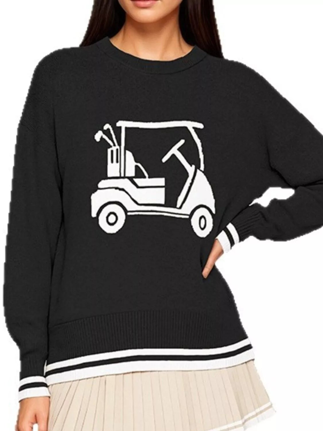Black golf cart graphic sweater with white striped cuffs and hem; dropped shoulders