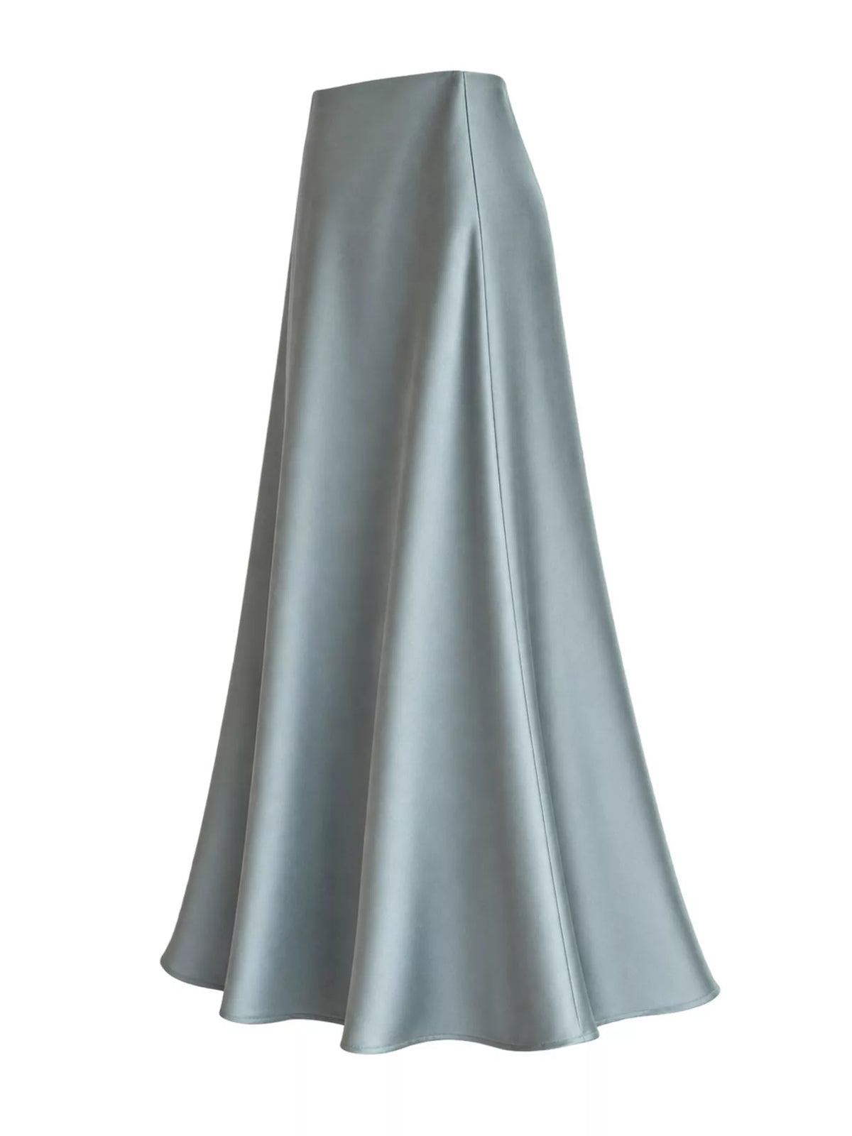 Gray-green satin midi skirt shown from the side with a flared silhouette