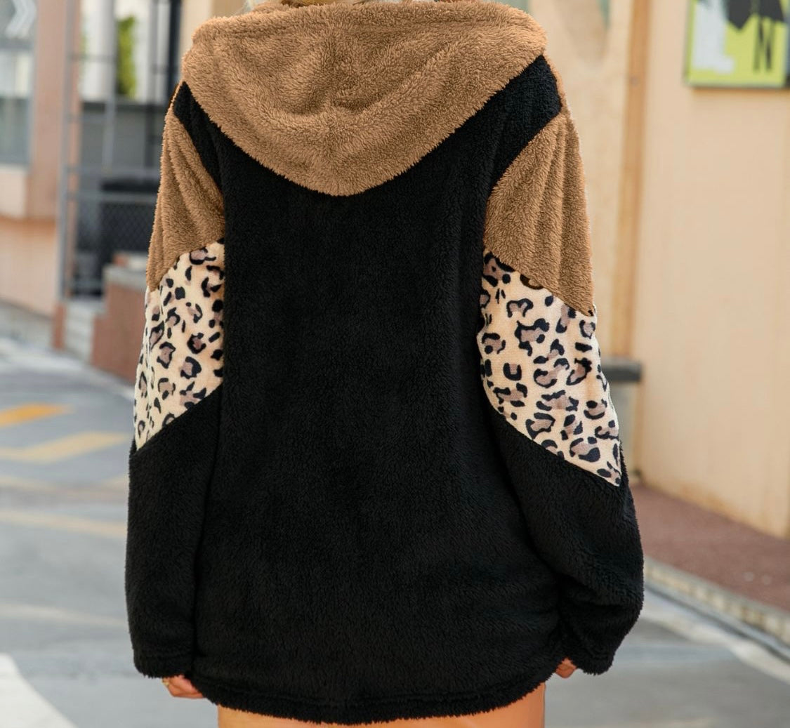 Leopard Color Block Hooded Teddy Jacket