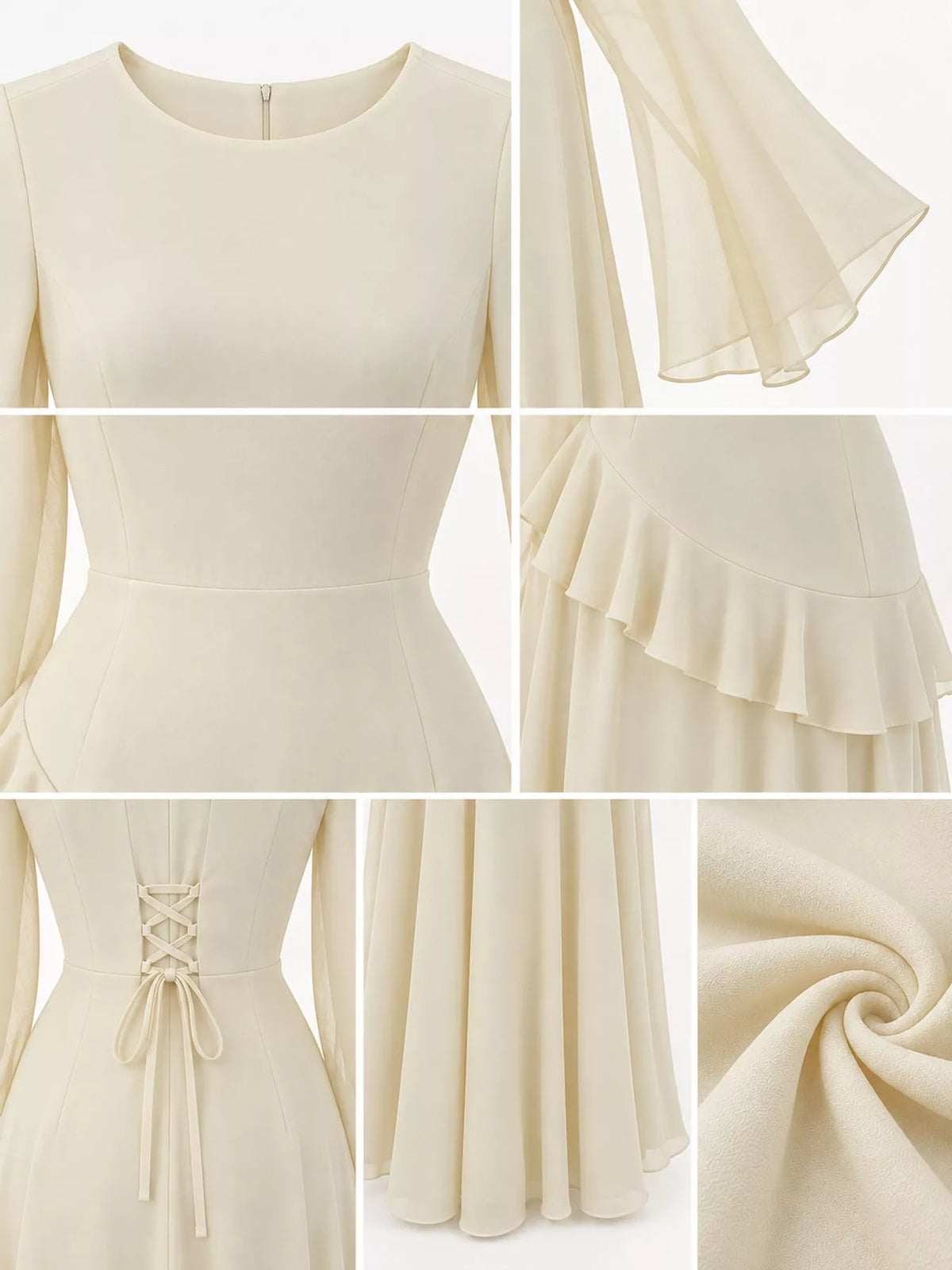 Cream maxi dress with back lace-up detail and tiered ruffle hem