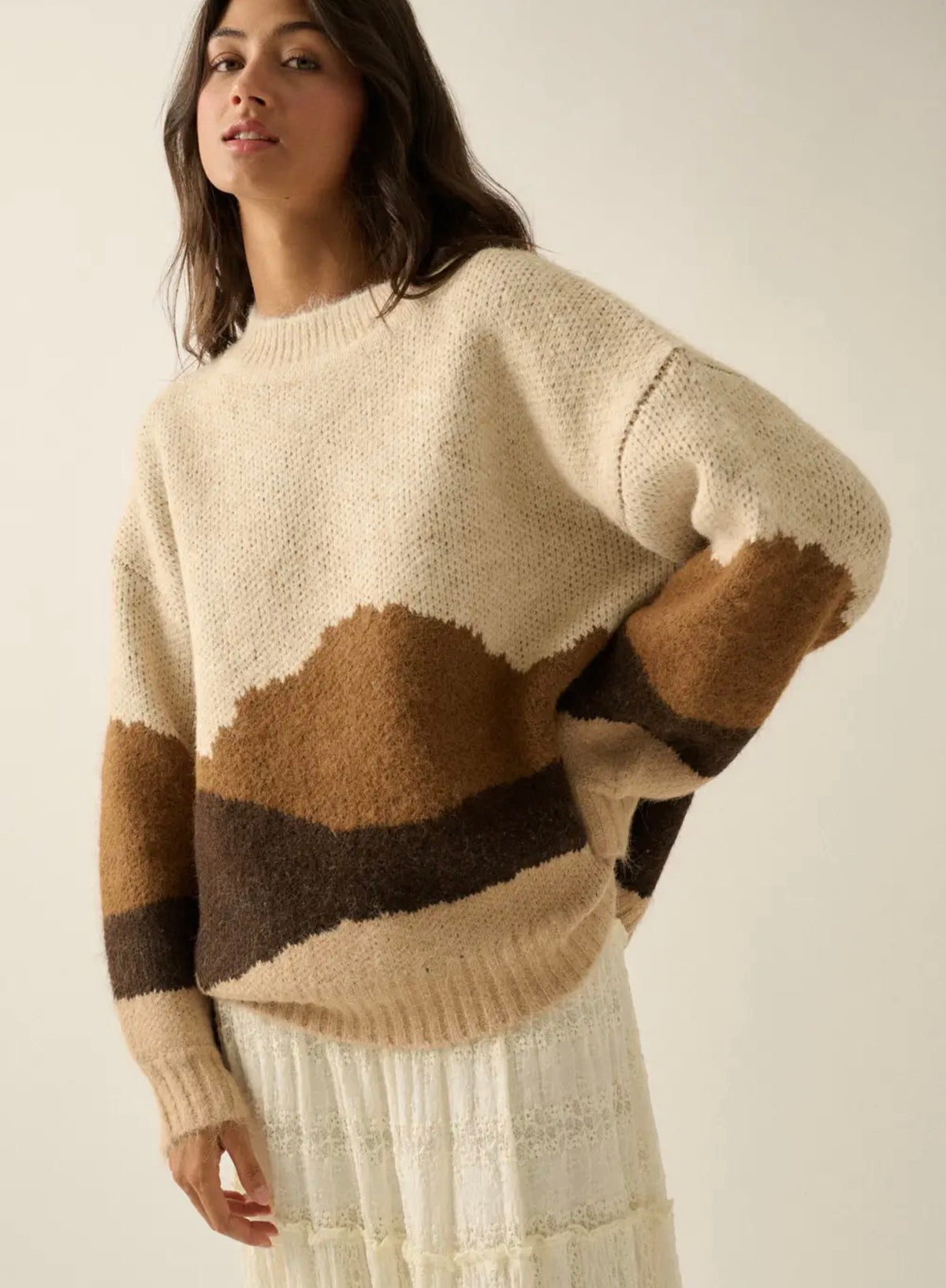 Women’s fuzzy crewneck sweater, cream with brown mountain-style graphic panels