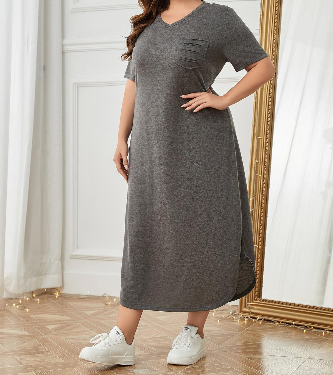 Plus Size Pocketed V-Neck Short Sleeve Lounge Dress