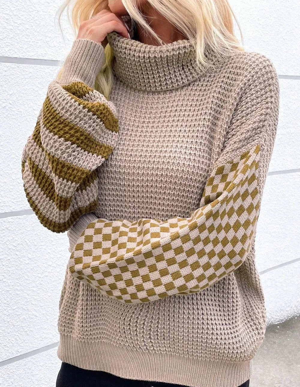 Checkered Striped Turtleneck Long Sleeve Sweater