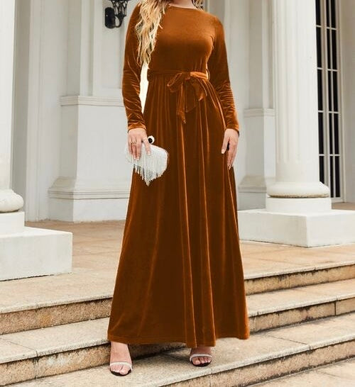 Tie Front Round Neck Long Sleeve Maxi Dress