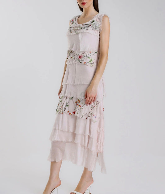 Blush tiered ruffle maxi dress with floral embroidery, sleeveless and round neckline