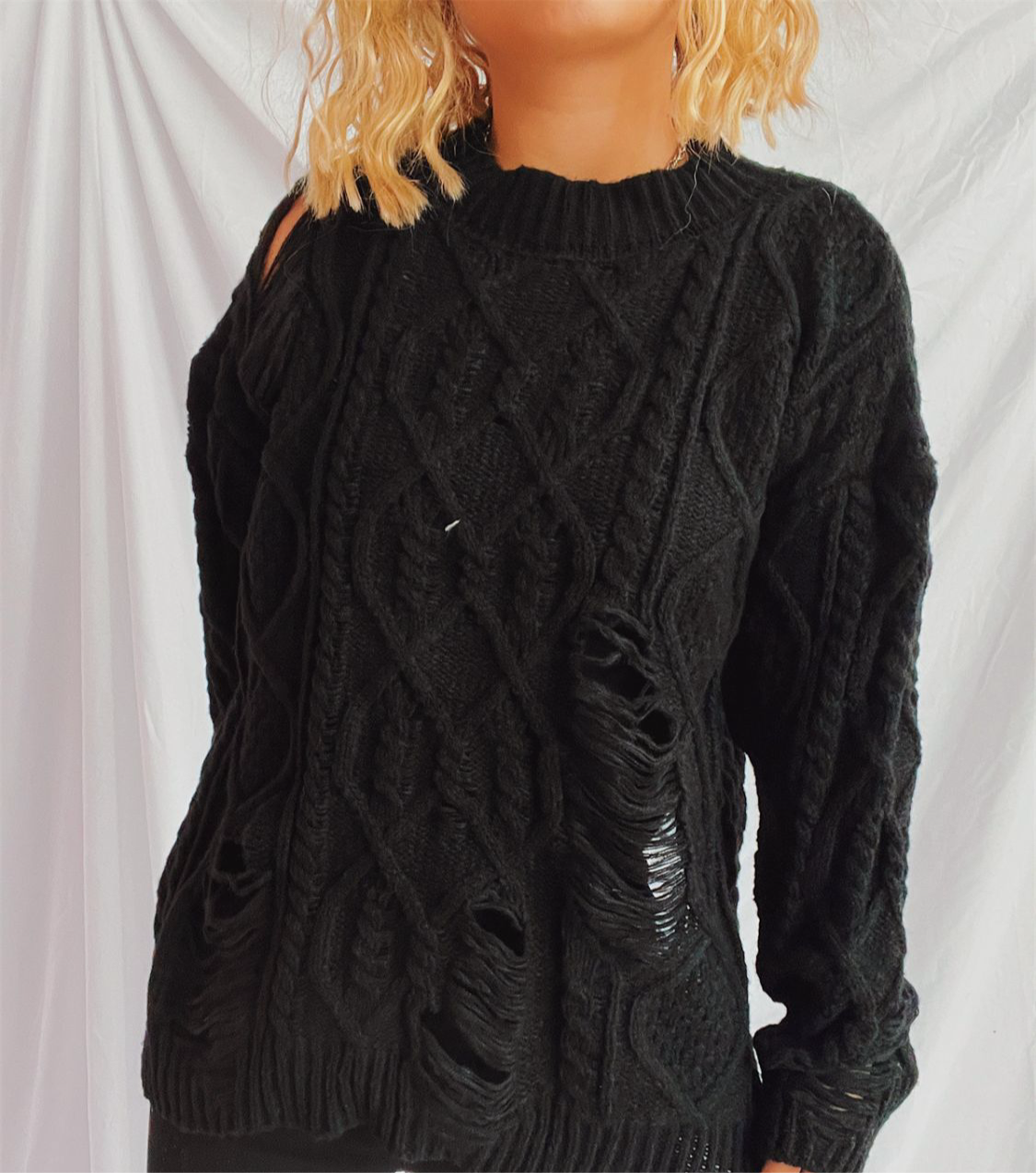 Distressed Cable-Knit Round Neck Long Sleeve Sweater