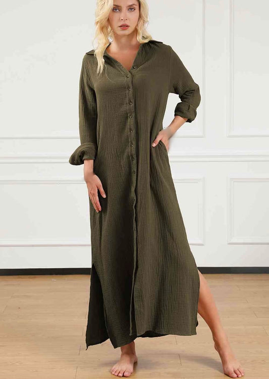 Texture Collared Neck Button Up Slit Shirt Dress