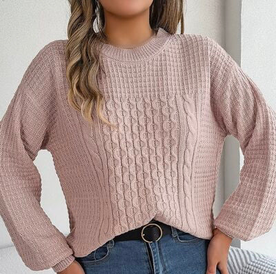 Cable-Knit Round Neck Long Sleeve Sweater