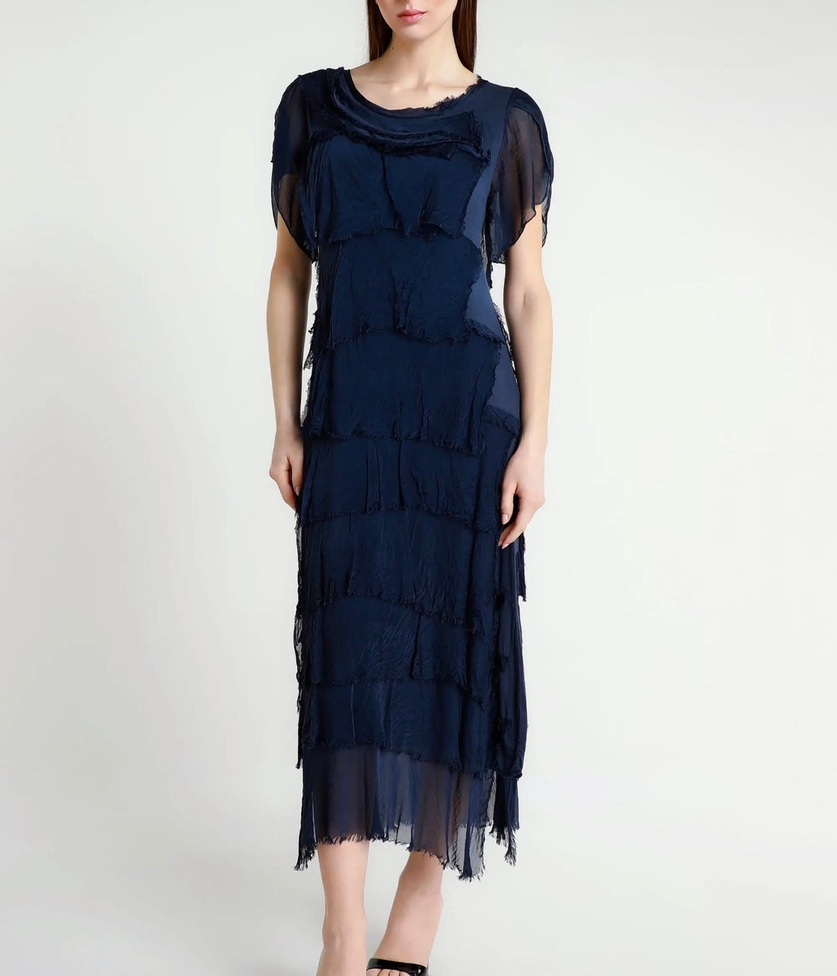 Italian Silk Miriam Short Sleeve Ruffle Dress (Navy)