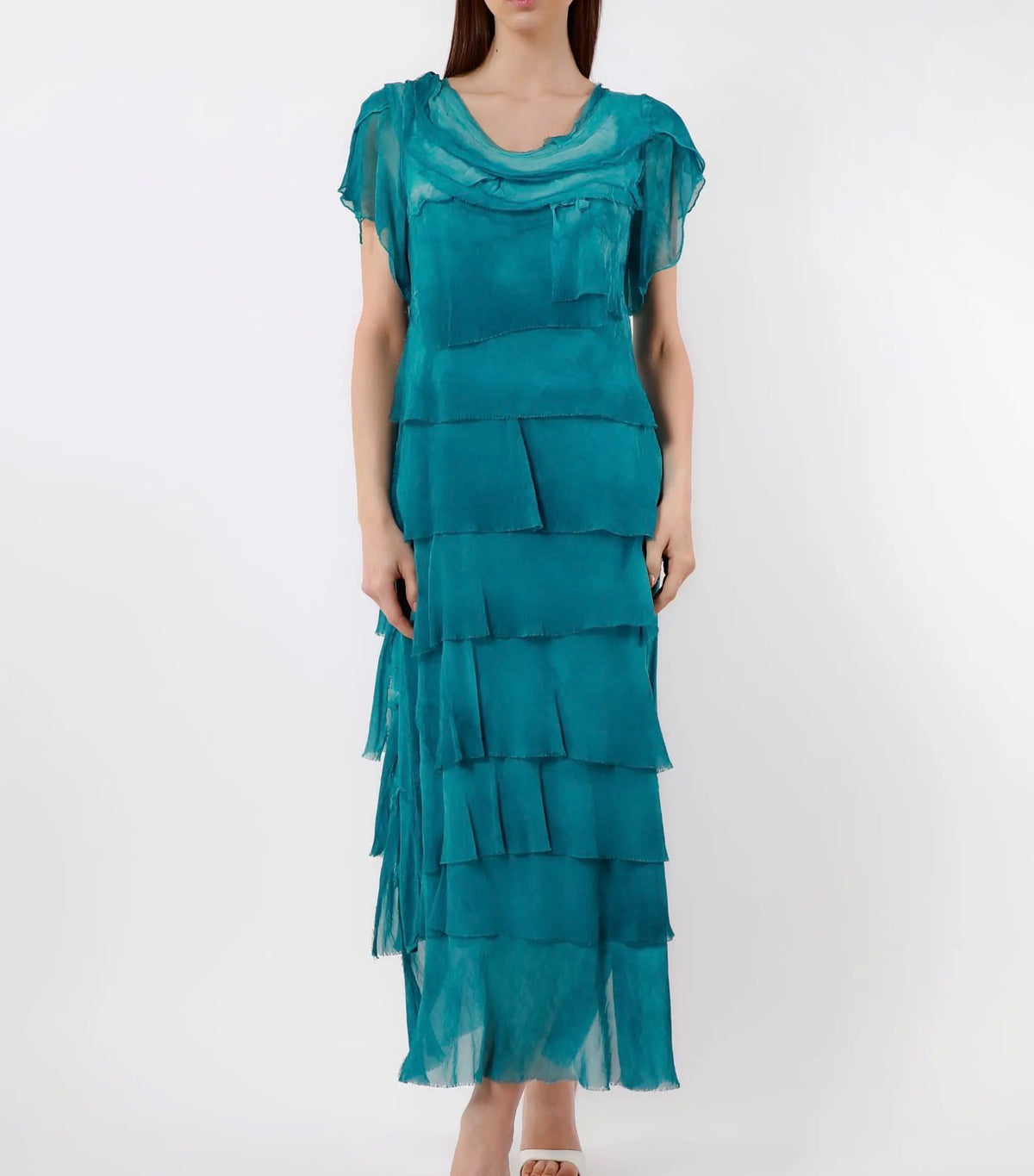 Teal silk short-sleeve ruffle tier dress with layered skirt and draped neckline