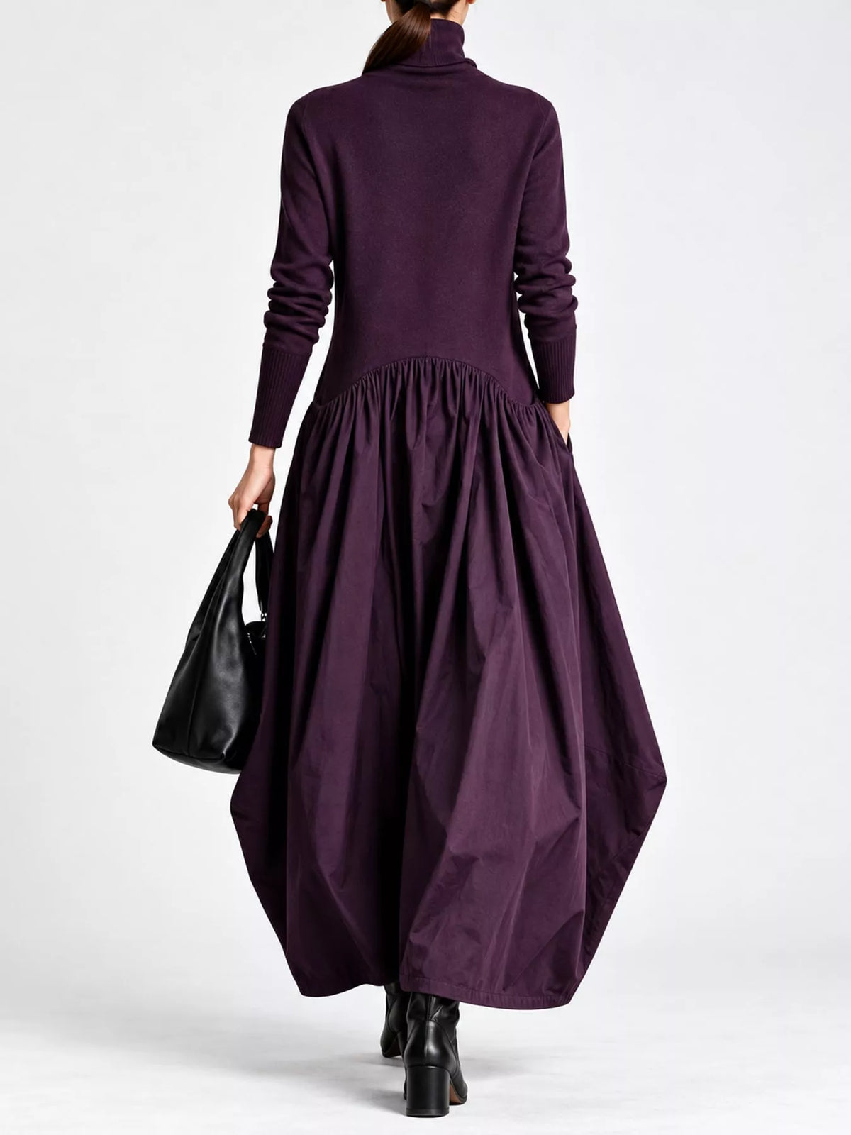 Purple long-sleeve turtleneck maxi dress with gathered skirt, back view