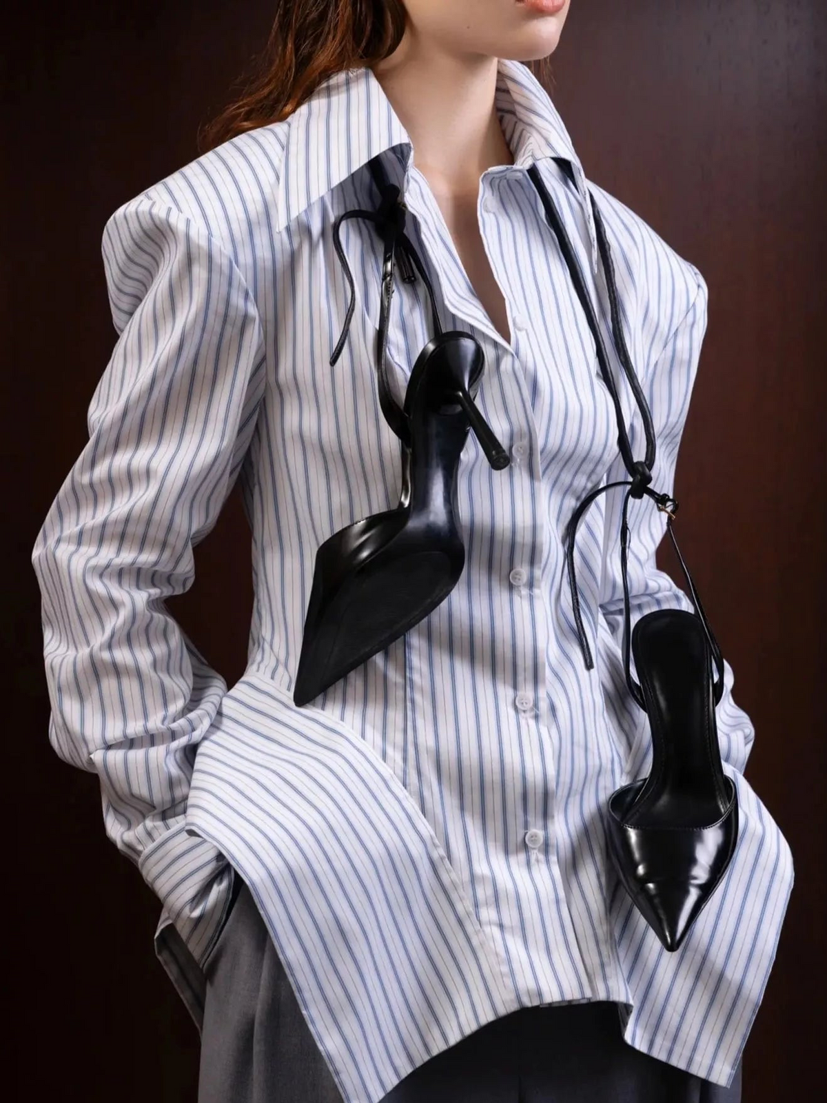 White-and-blue vertical striped button-up long sleeve shirt, point collar, button front