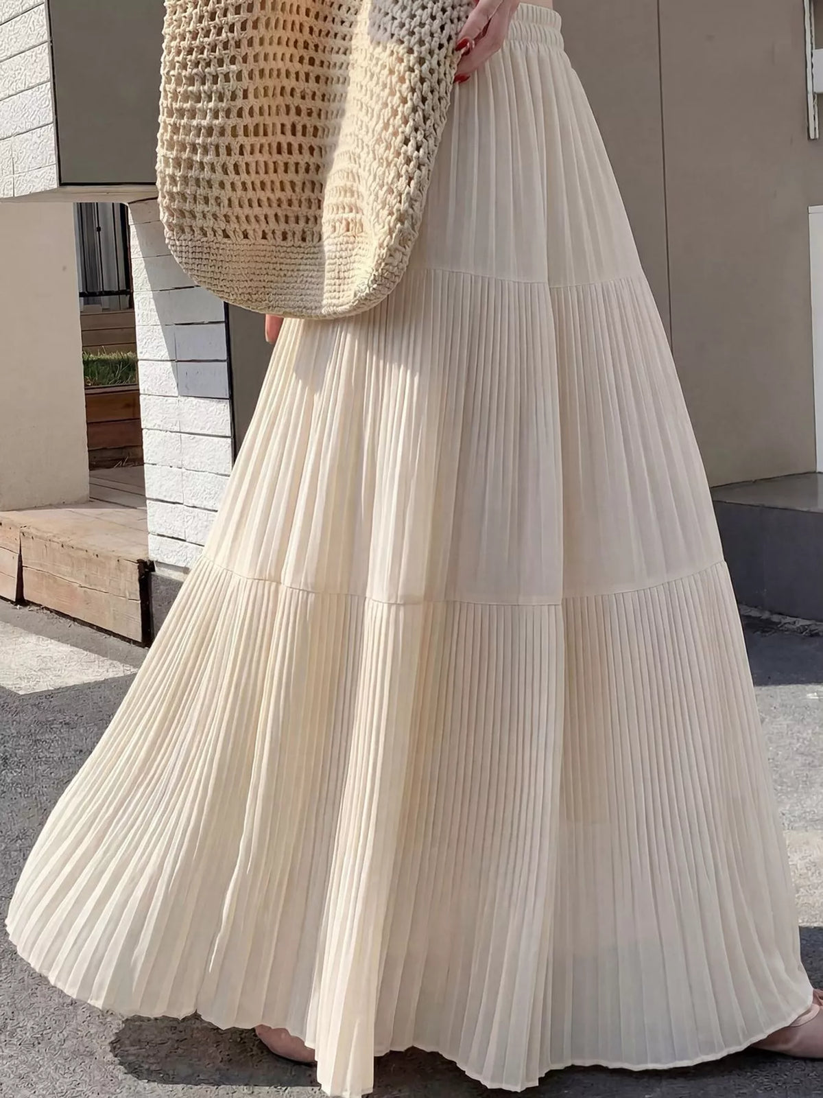 Light beige tiered pleated maxi skirt with high elastic waistband