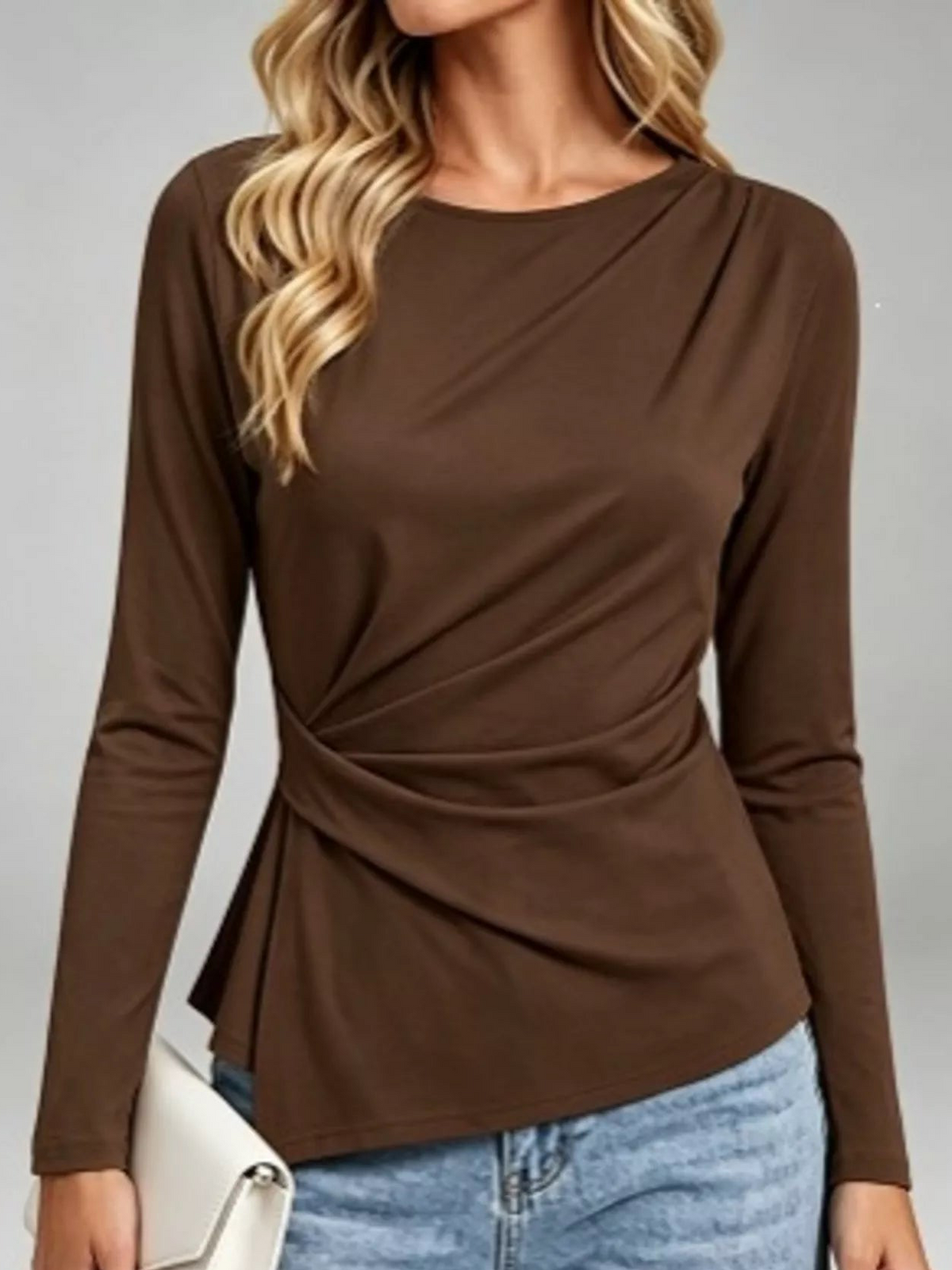 Ruched-waist long-sleeve T-shirt in brown, gathered front at waist