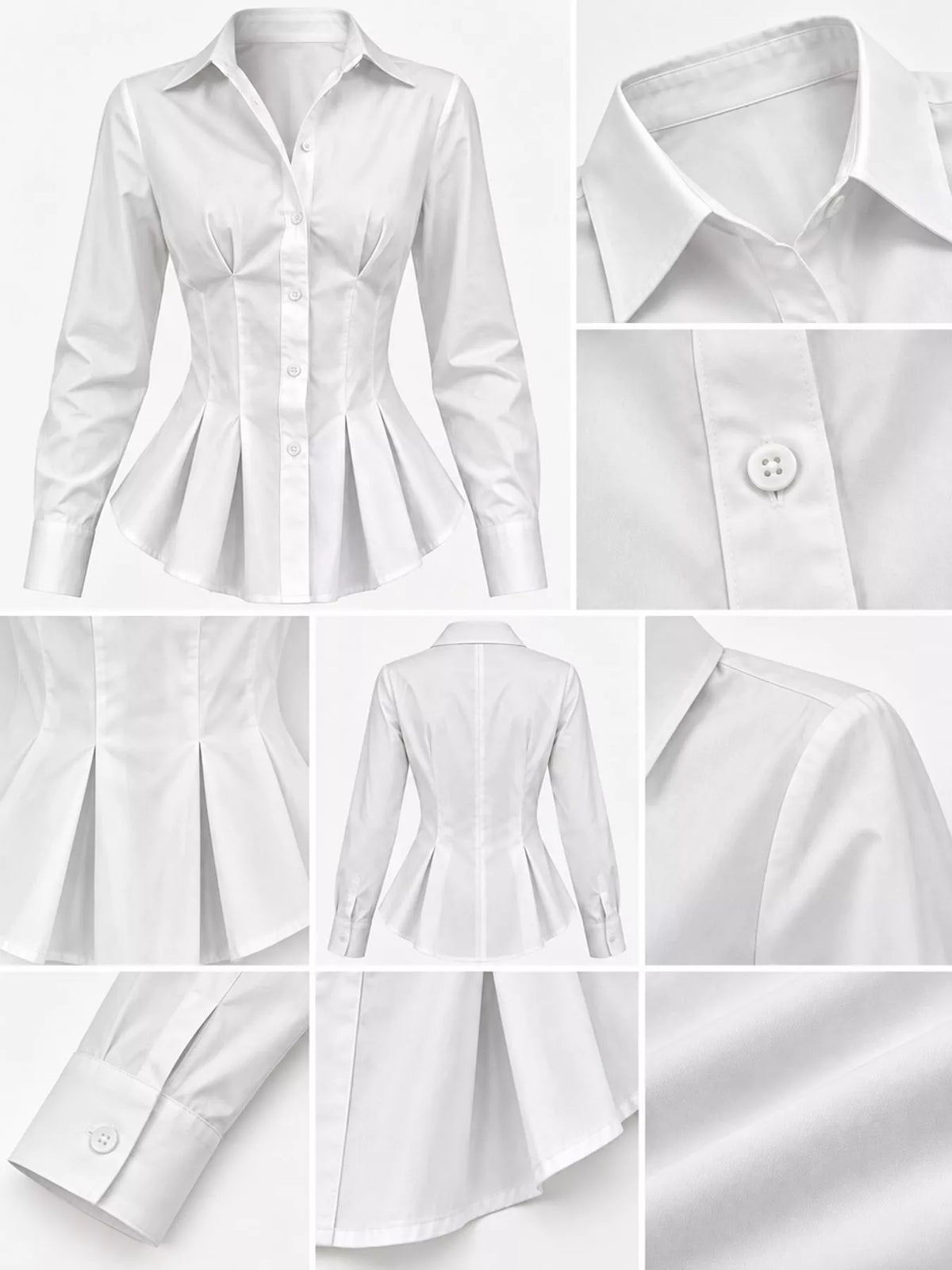 White button-down peplum blouse detail collage: front, sleeves, buttons, back