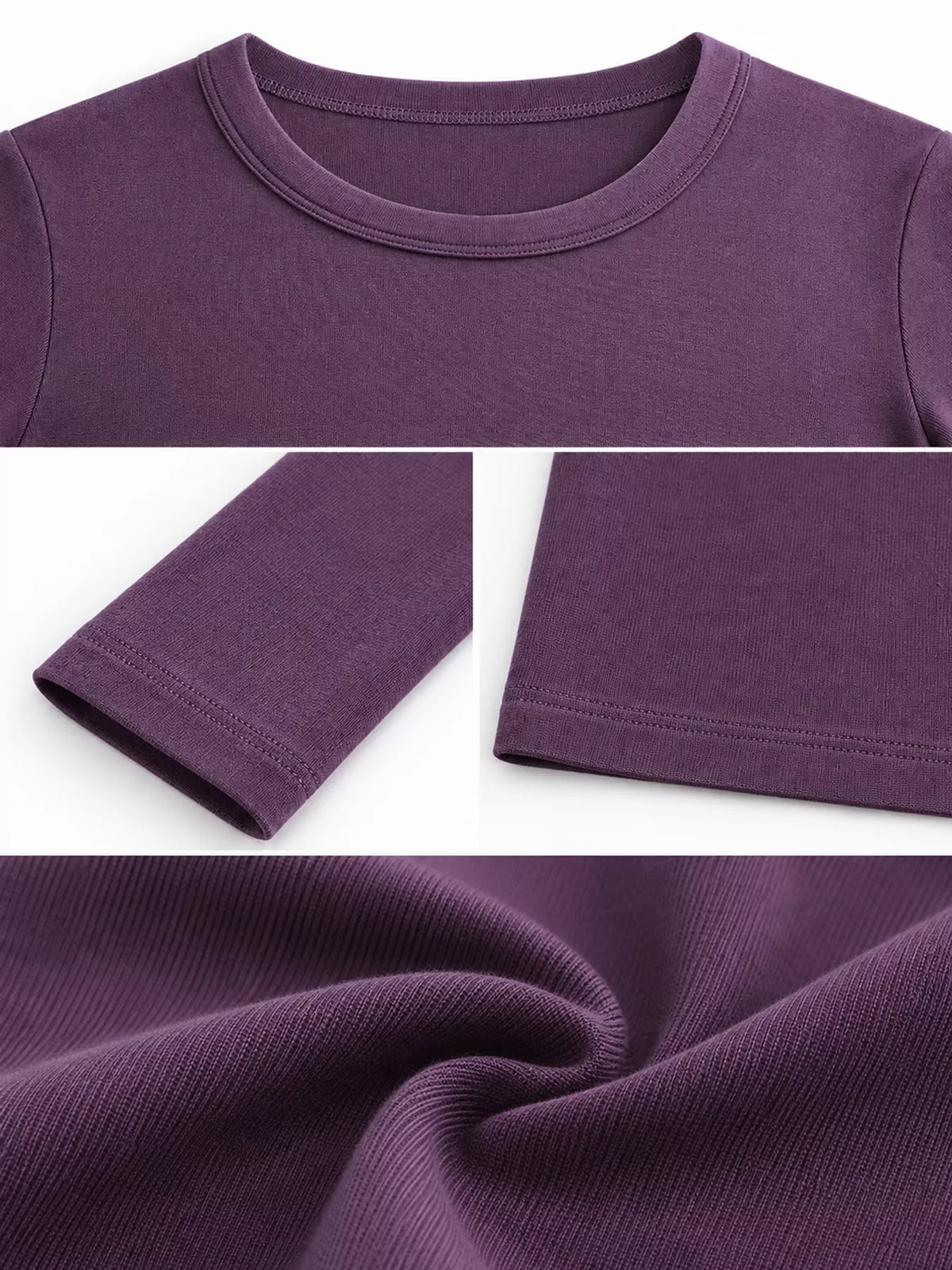 Purple long sleeve crew neck T-shirt fabric and sleeve close-up, plus size