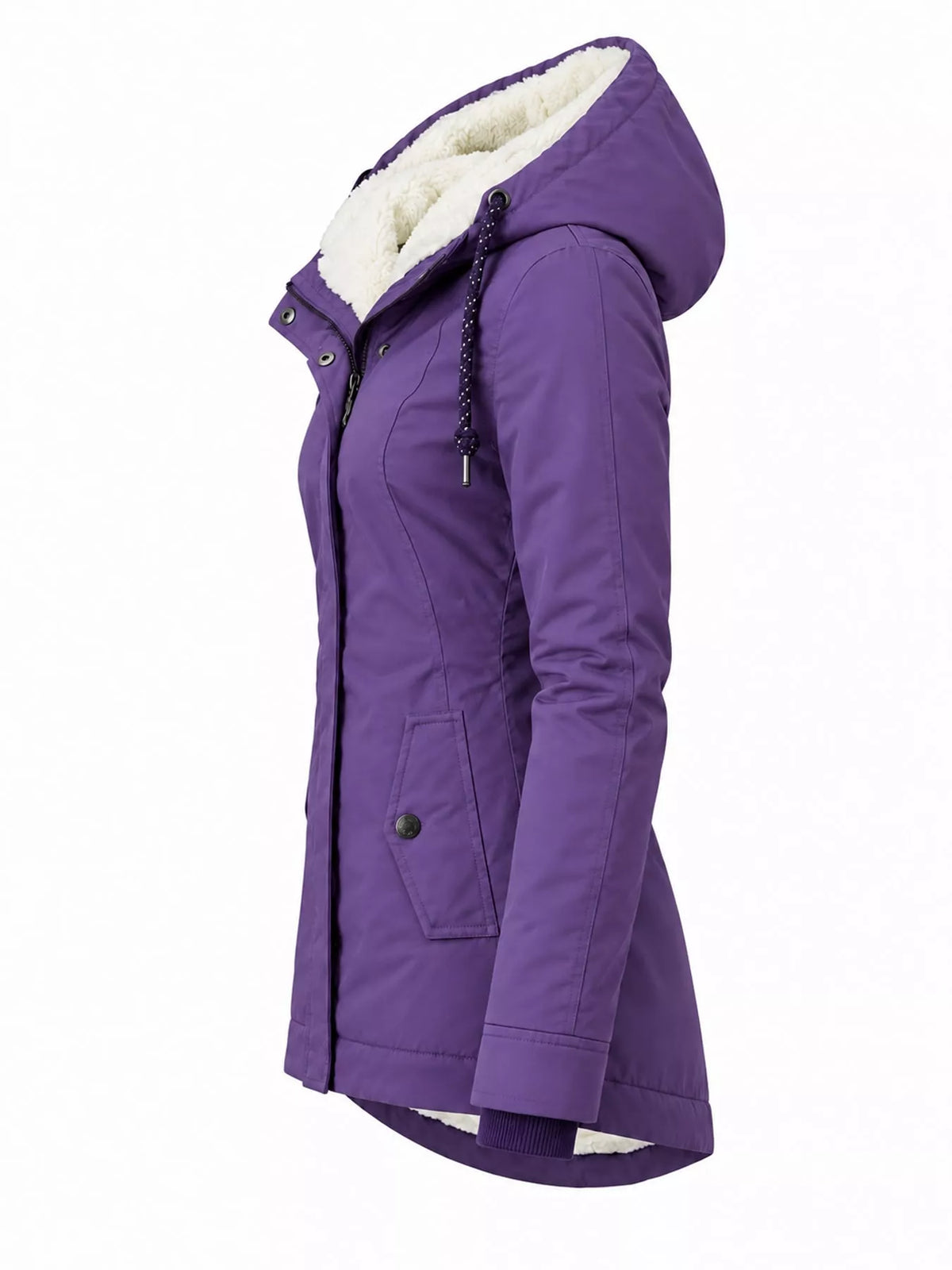 Sherpa-lined hooded purple parka with front zipper and drawstring details
