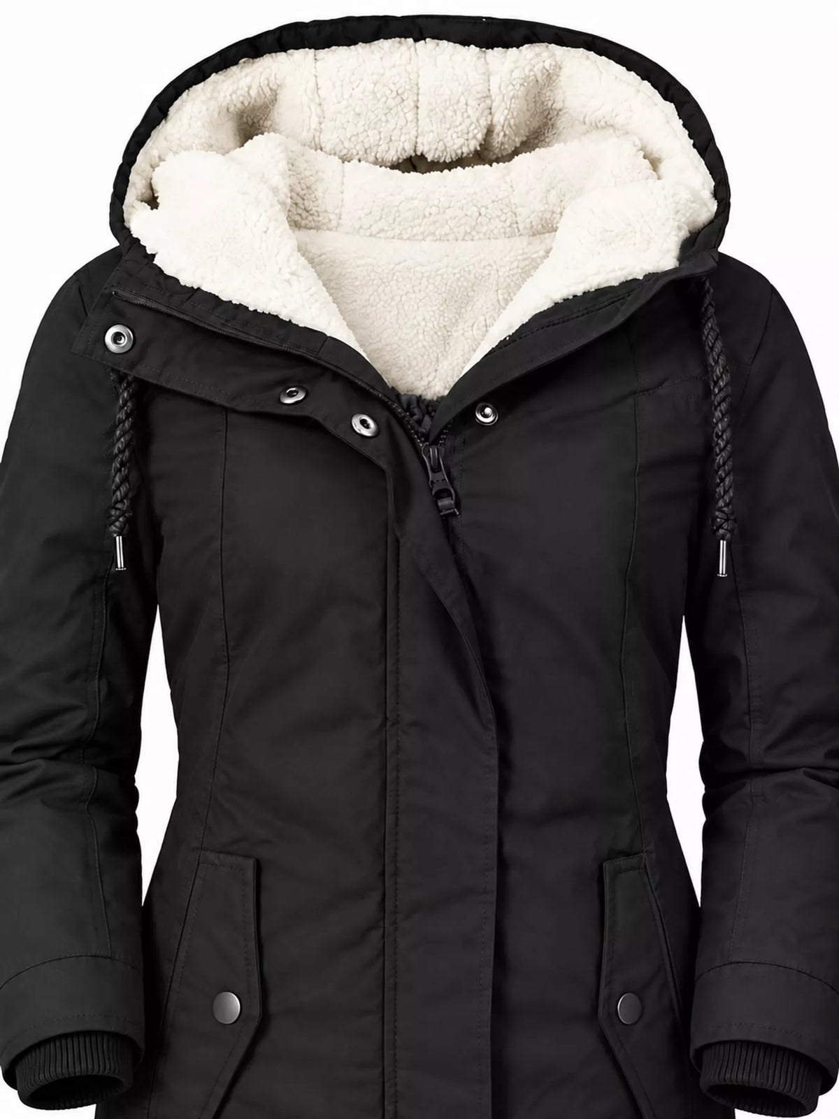 Sherpa-lined hooded parka in black with faux-fur hood lining and drawstring ties.