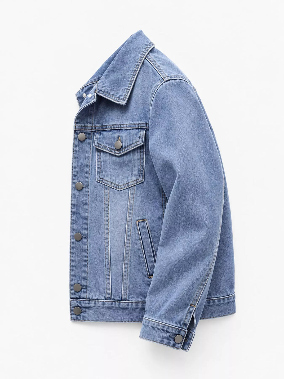 Light wash denim button-front jacket with chest flap pocket, side view