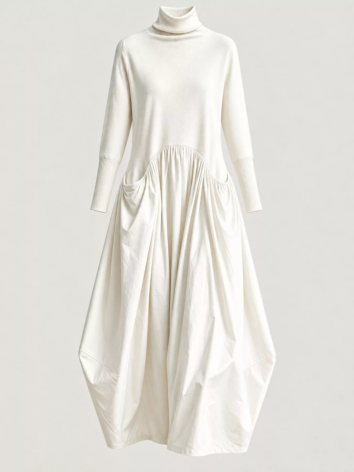 White turtleneck long-sleeve maxi dress with gathered skirt and draped panels