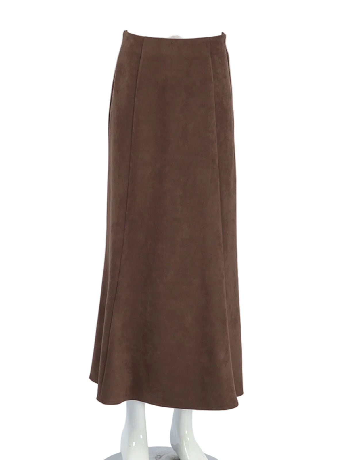 Dark brown suede midi skirt with a straight, gently flared silhouette