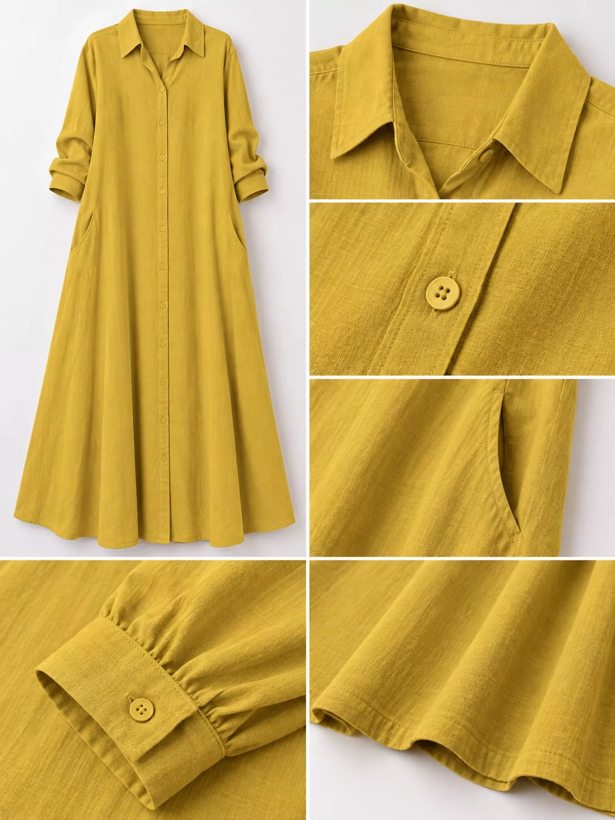 Mustard yellow maxi shirt dress details: collared neckline and round button placket