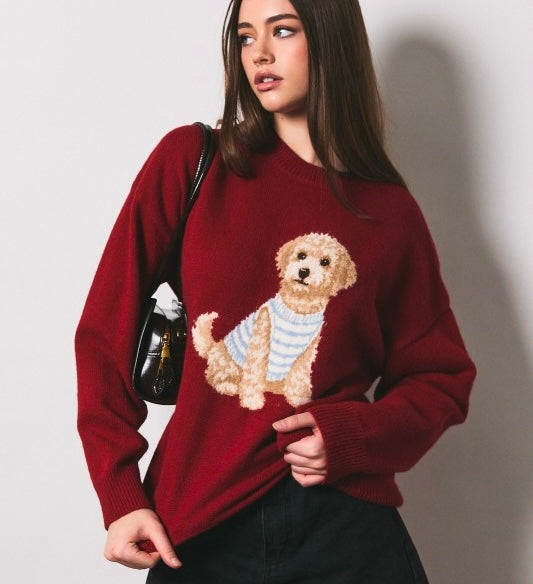 Burgundy sweater with golden doodle graphic and ribbed cuffs