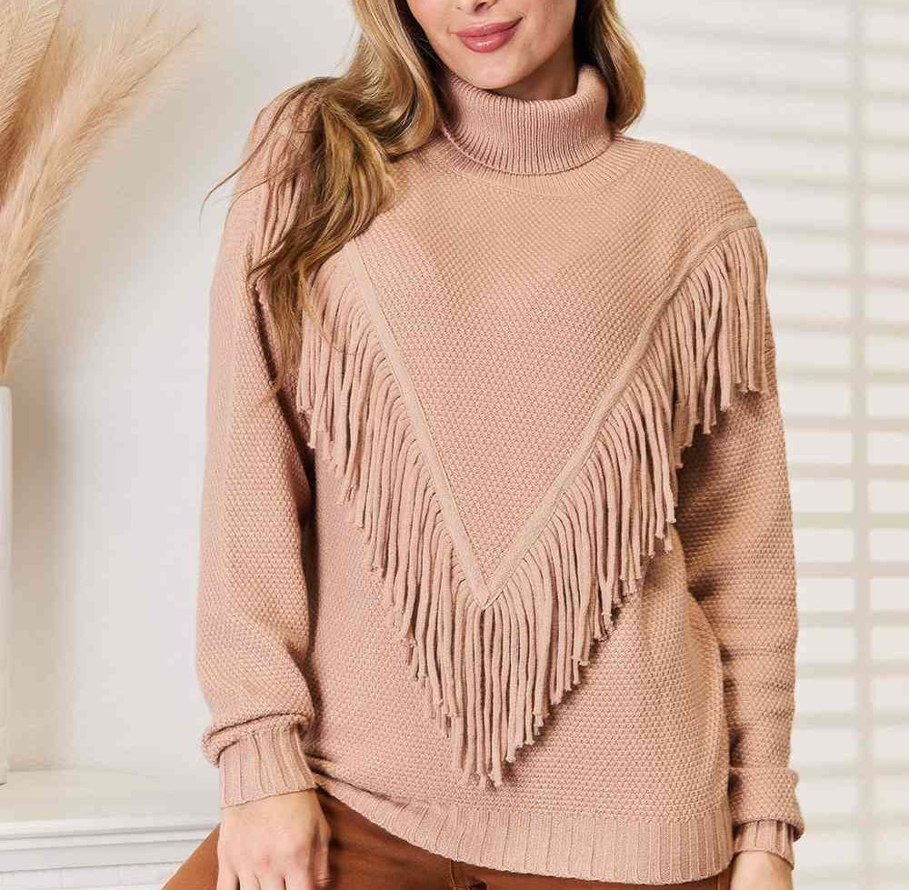 Woven Right Turtleneck Fringe Front Long Sleeve Sweater