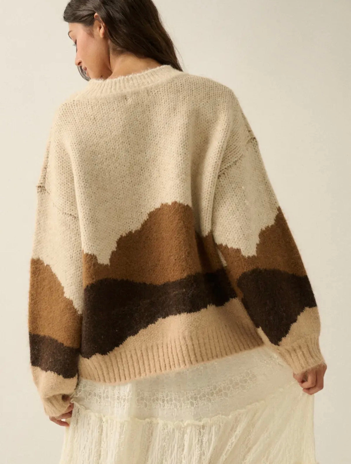 Women’s fuzzy crewneck sweater, cream with brown landscape block pattern