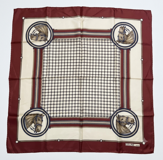 Silk scarf with central cream grid and four horse emblems, burgundy border, blue detailing