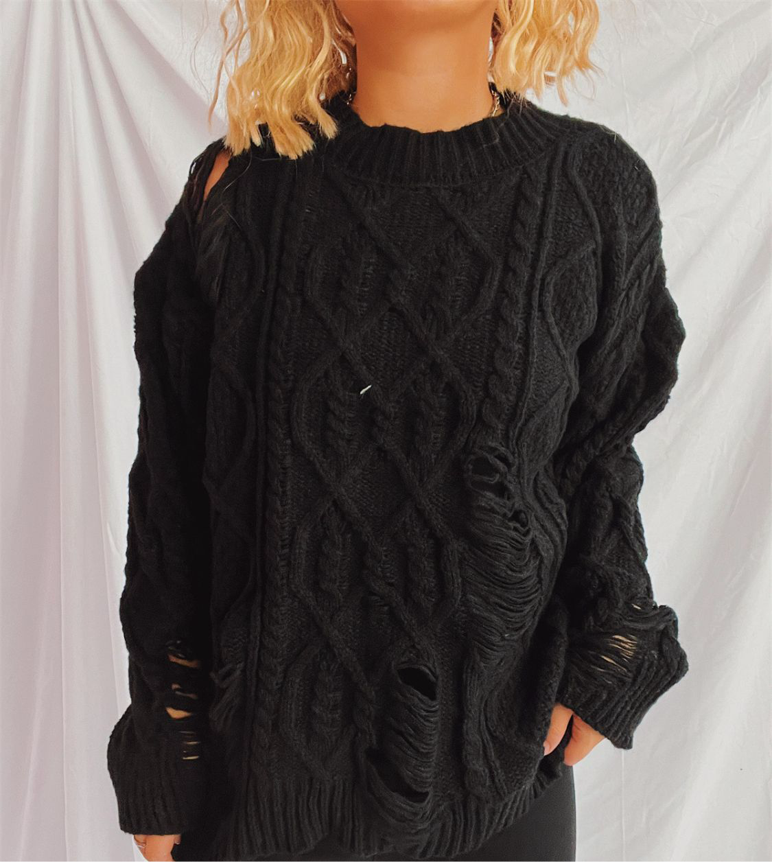 Distressed Cable-Knit Round Neck Long Sleeve Sweater