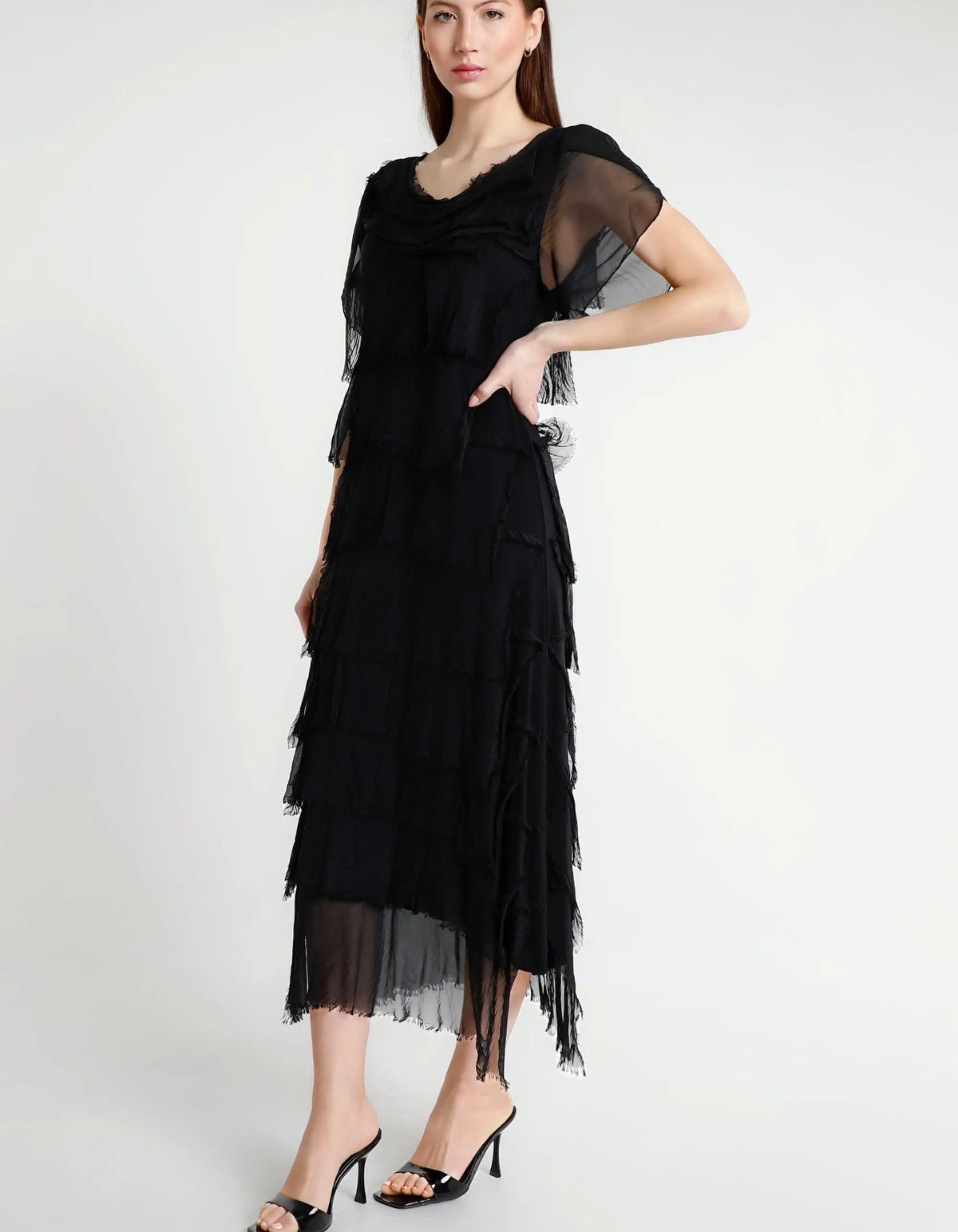 Black silk ruffle tiered short-sleeve dress with layered fringe, front view