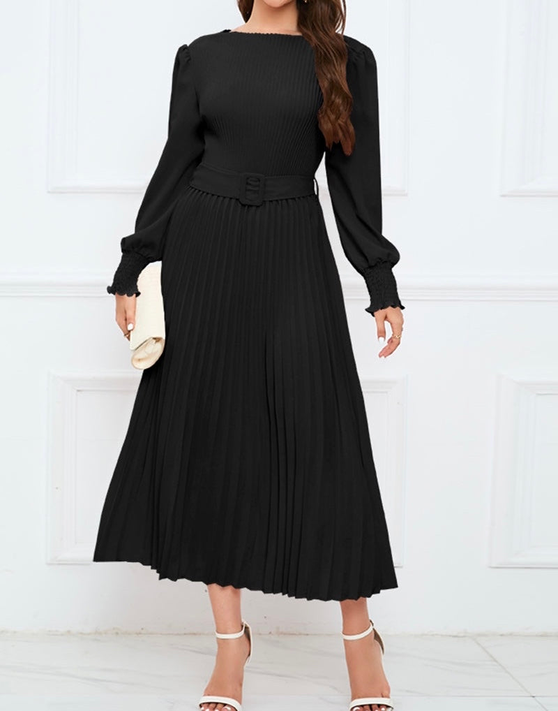 Round Neck Flounce Sleeve Pleated Dress