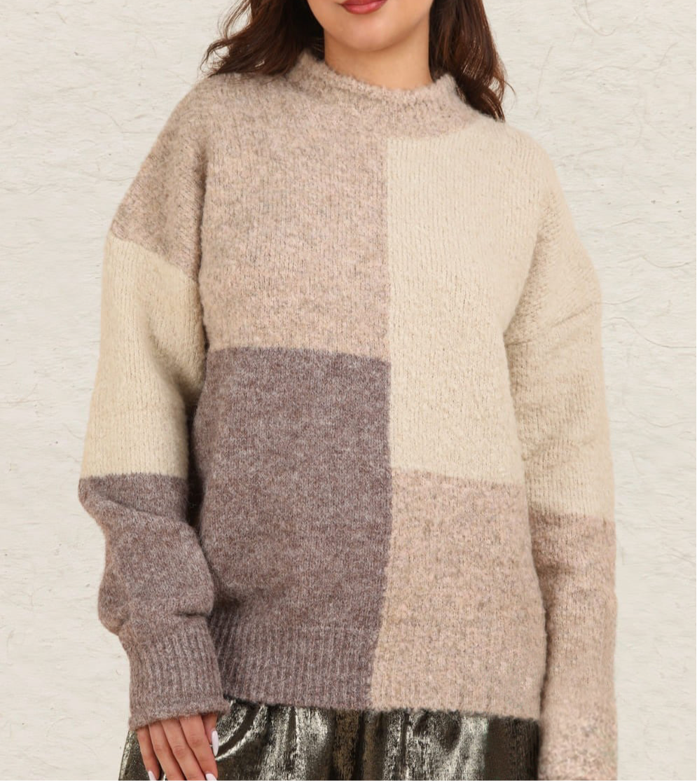 VERY J Color Block Mock Neck Drop Shoulder Sweater