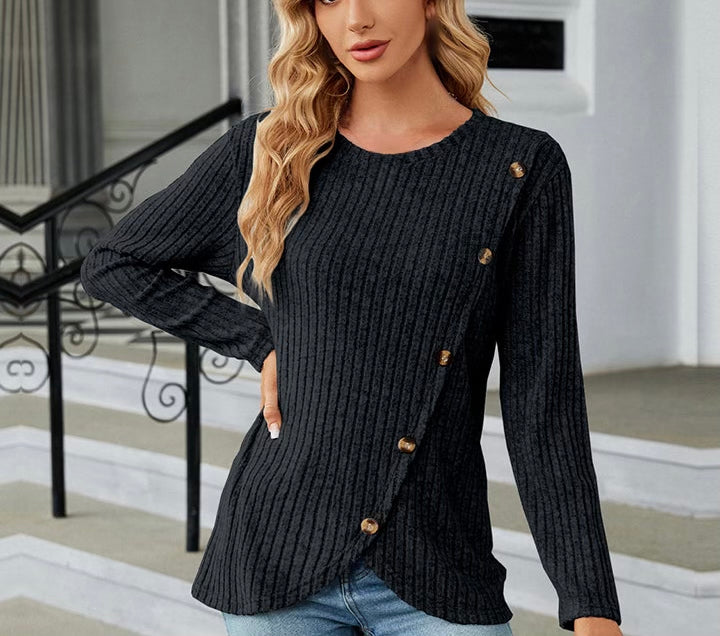 Round Neck Ribbed Button Detail Blouse