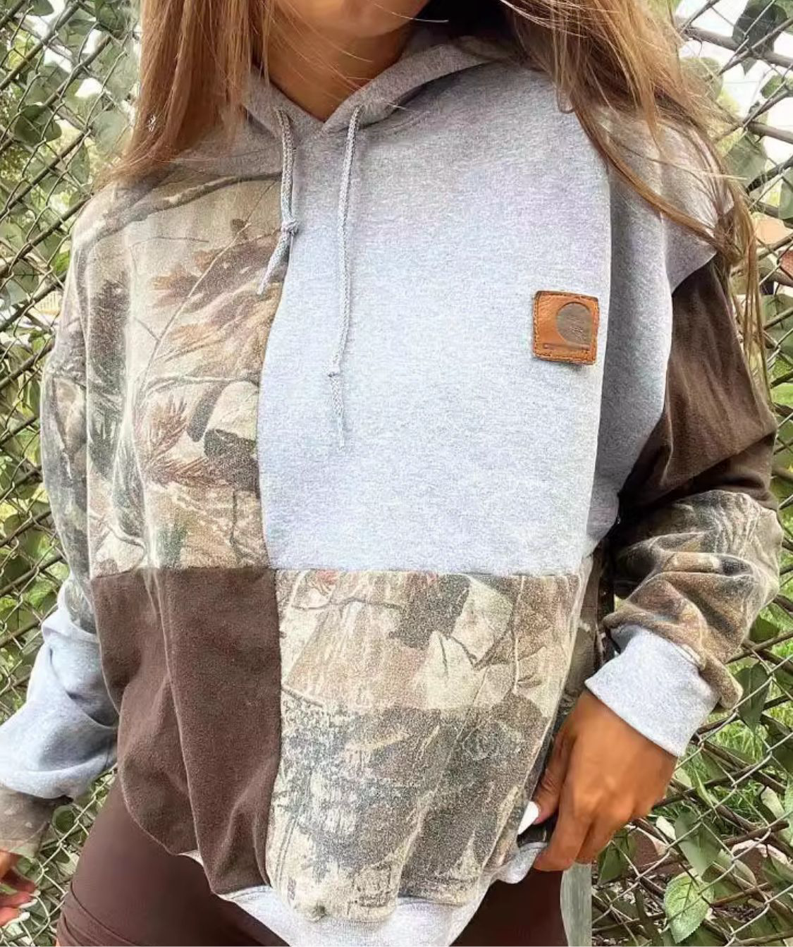 Full Size Drawstring Patchwork Long Sleeve Hoodie