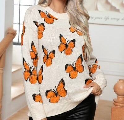 Butterfly Round Neck Long Sleeve Sweater