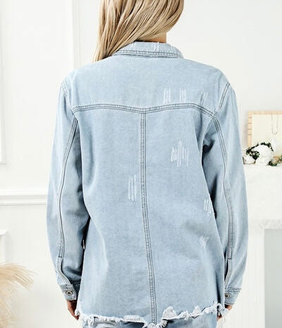 Distressed Button Up Frayed Hem Denim Jacket