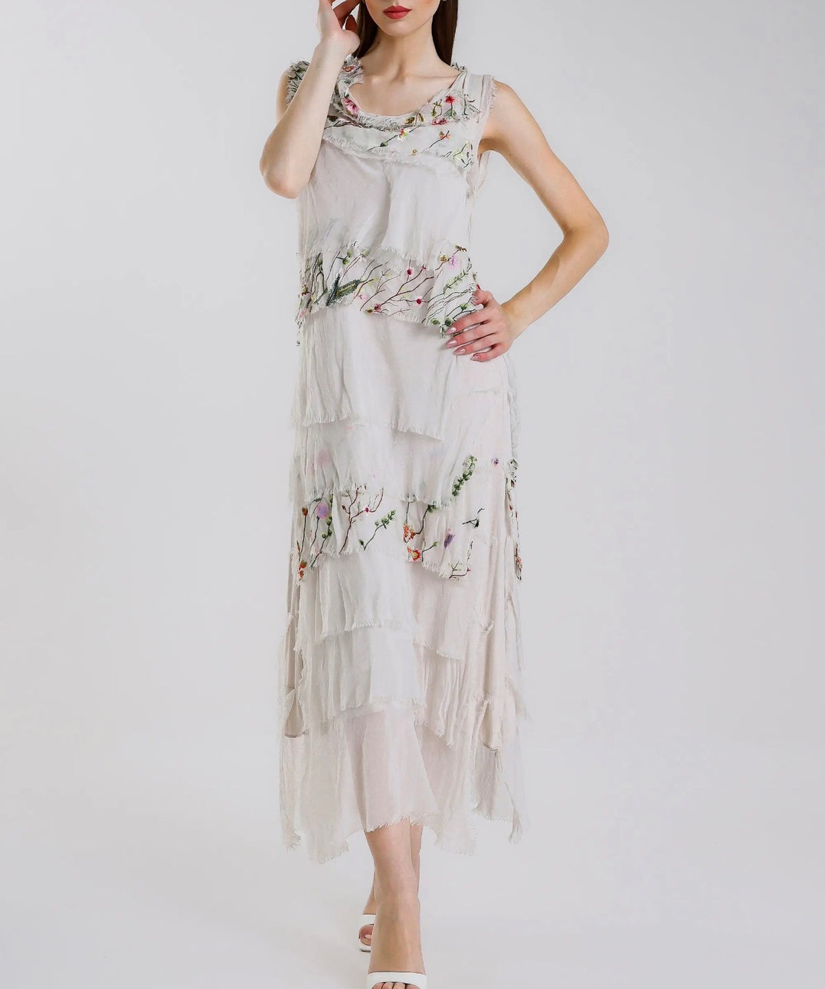 Embroidered Italian Silk Maxi Ruffle Dress (Beige)
