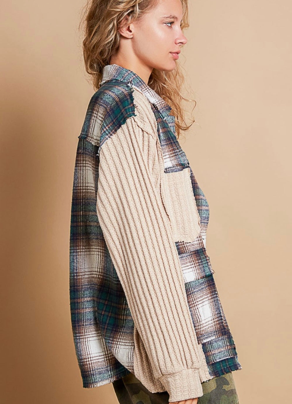 POL Plaid Contrast Button Down Shacket