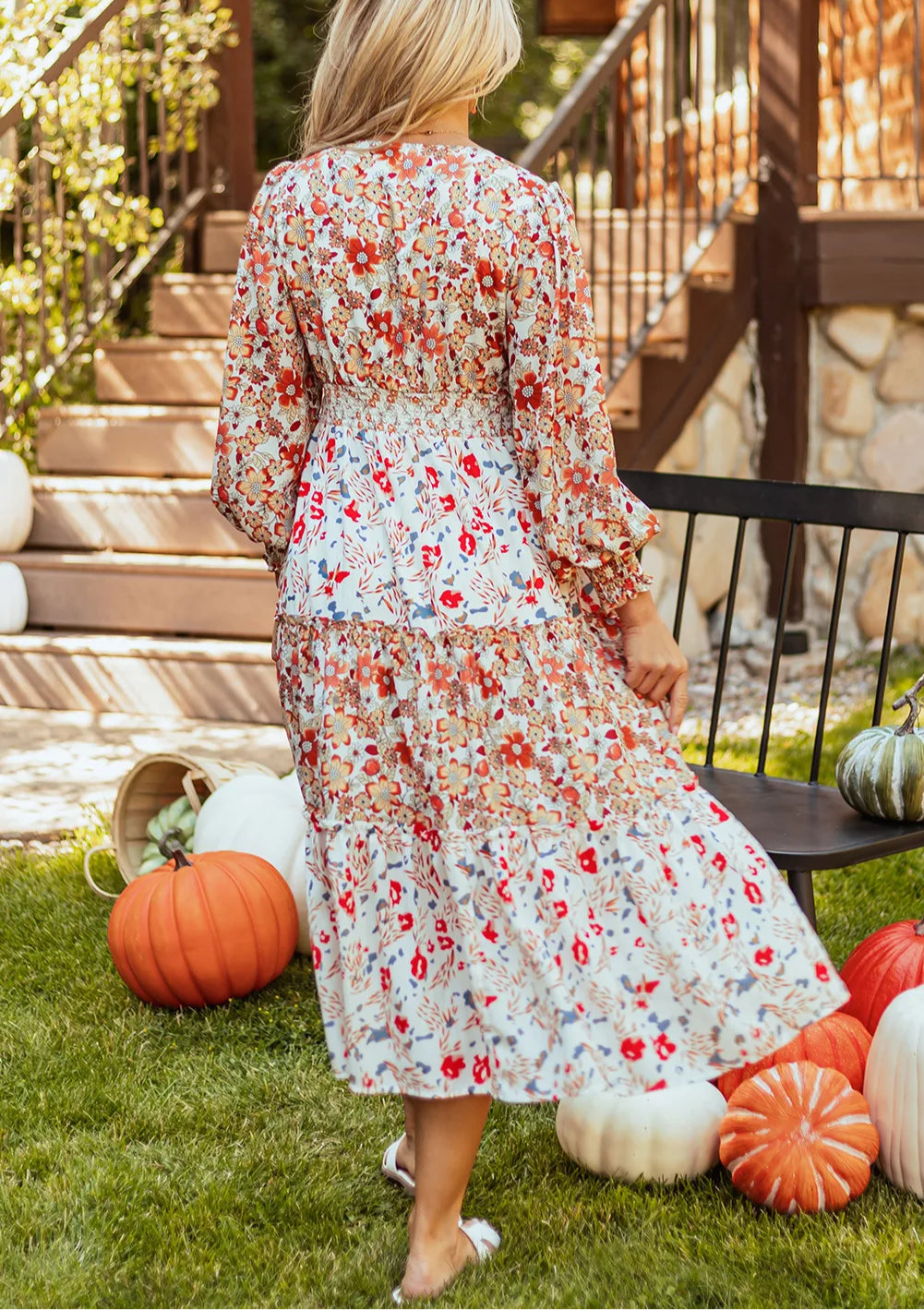 Full Size Printed V-Neck Lantern Sleeve Midi Dress